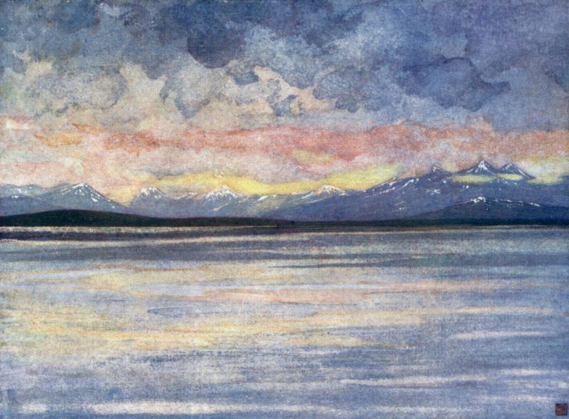 Norge: Bjerge og fjord mod Molde (farve litho) af Nico Jungman