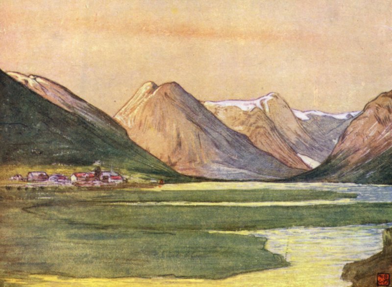 Norge: Mundal, Fjaerland, Sognefjord (farve litho) af Nico Jungman
