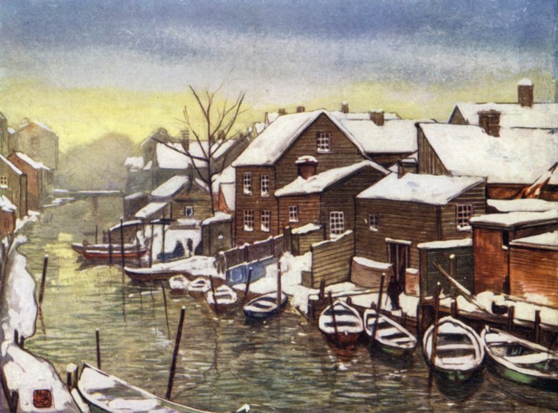 Norge: Gamle kanal, Christiania (farve litho) af Nico Jungman