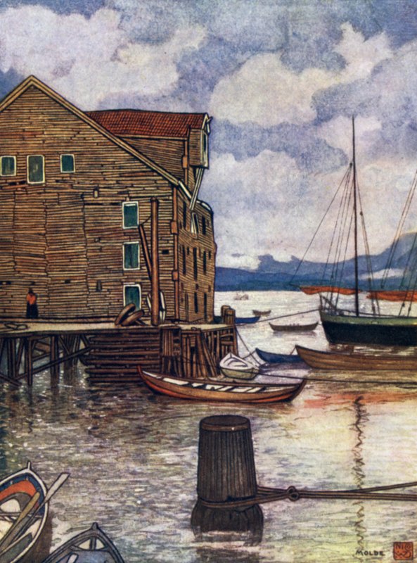 Norge: Gammelt lager og både, Molde (farve litho) af Nico Jungman