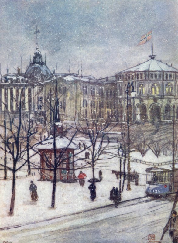 Norge: Stortingets huse (Storthing), Christiania (farve litho) af Nico Jungman