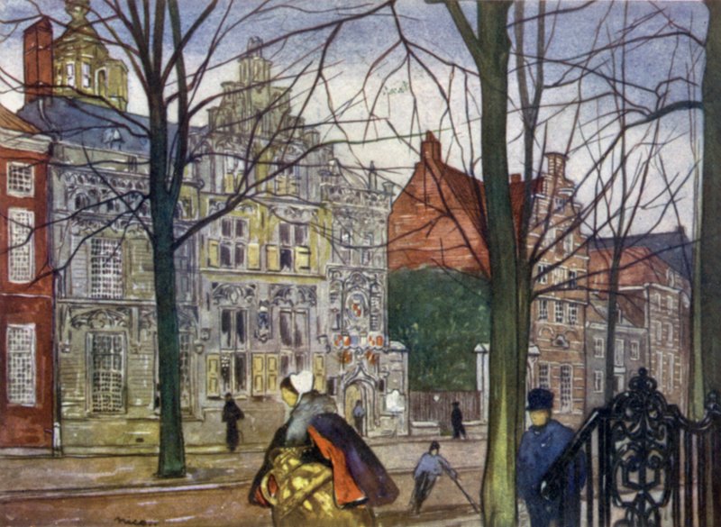 Oude Delft (farvelitografi) af Nico Jungman