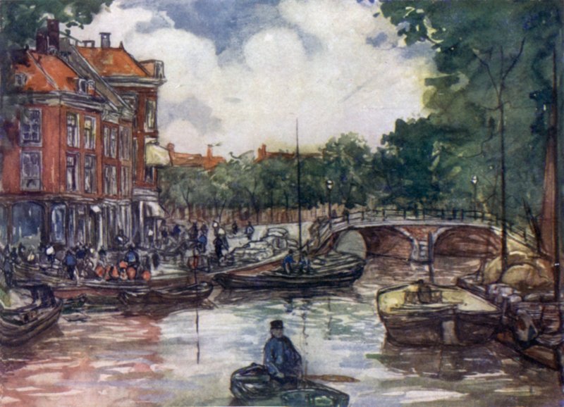 Fiskebroen, Leiden (farve litho) af Nico Jungman