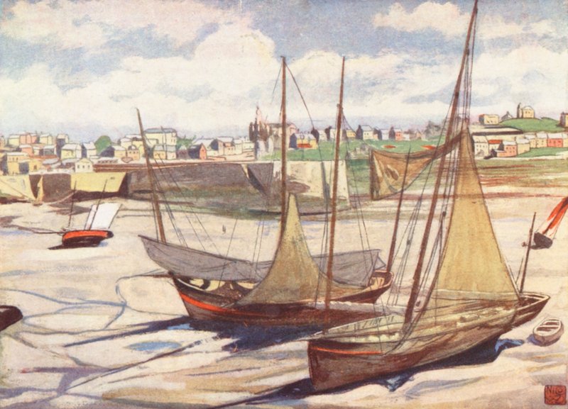 Havnen ved lavvande, Granville (farvelitografi) af Nico Jungmann