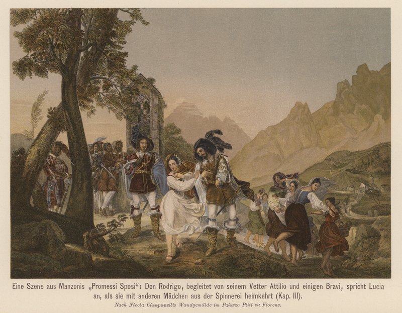 Scener fra Alessandro Manzonis roman I Promessi Sposi (farvelitografi) af Nicola Cianfanelli