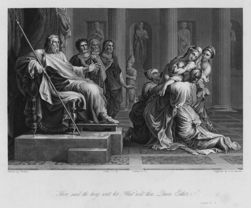 Esther før Ahasverus, Esther V, 3 (gravering) af Nicolas (after) Poussin