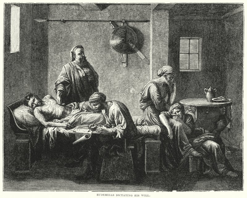 Eudemidas dikterer sit testamente (gravering) af Nicolas (after) Poussin