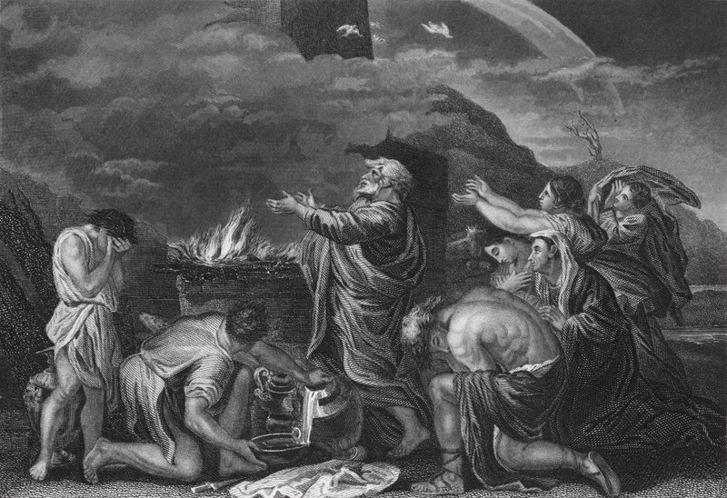 Noahs offer, 1. Mosebog, kap. 8, v. 20 (gravering) af Nicolas (after) Poussin