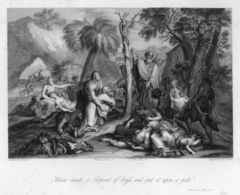 Raising Up The Brazen Serpent, Numbers XXI, 9 (gravering) af Nicolas (after) Poussin
