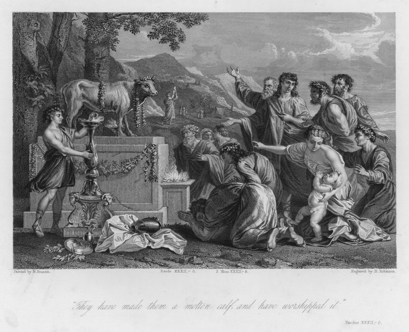 Den gyldne kalv, Exodus XXXII, 8 (gravering) af Nicolas (after) Poussin