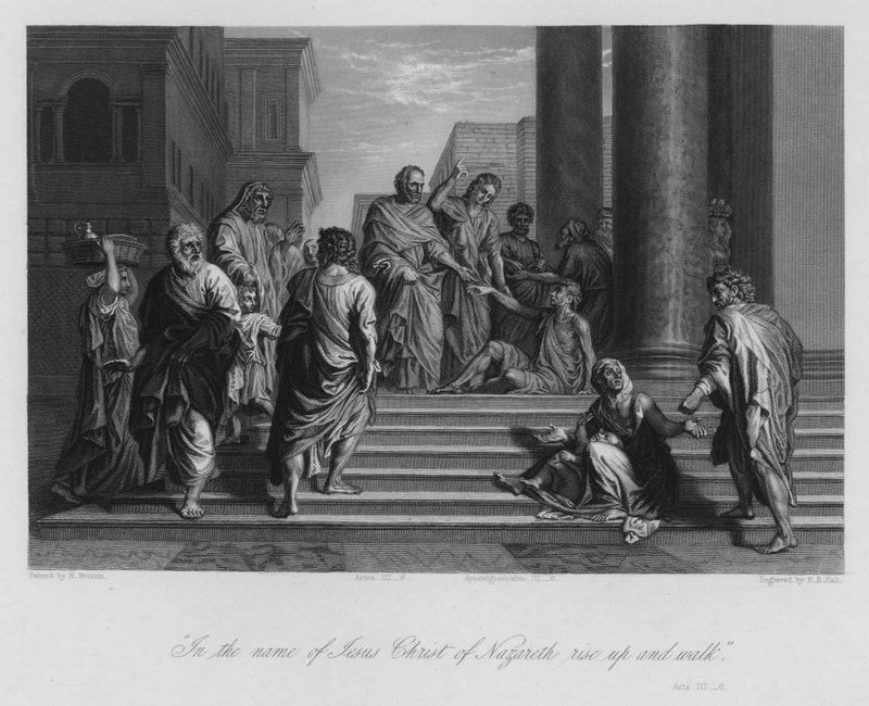 Den lamme mand helbredt af Peter og Johannes, Apostlenes Gerninger III, 6 (gravering) af Nicolas (after) Poussin