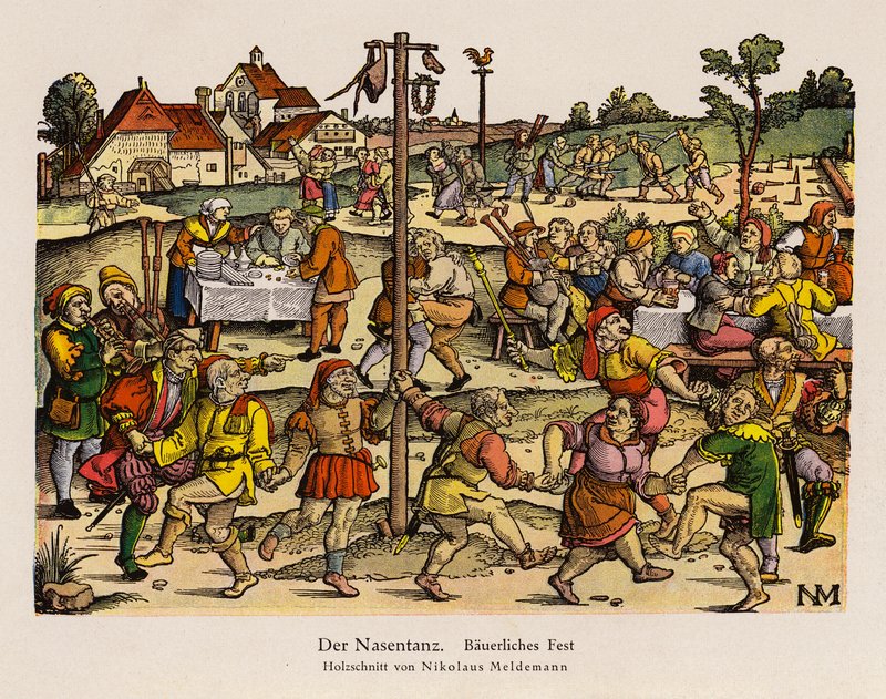 Næsedansen på en landlig festival (farve litho) af Nicolaus Meldemann