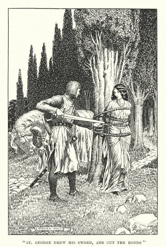 "Sankt Georg trak sit sværd og skar båndene over" (litografi) af Norman Ault