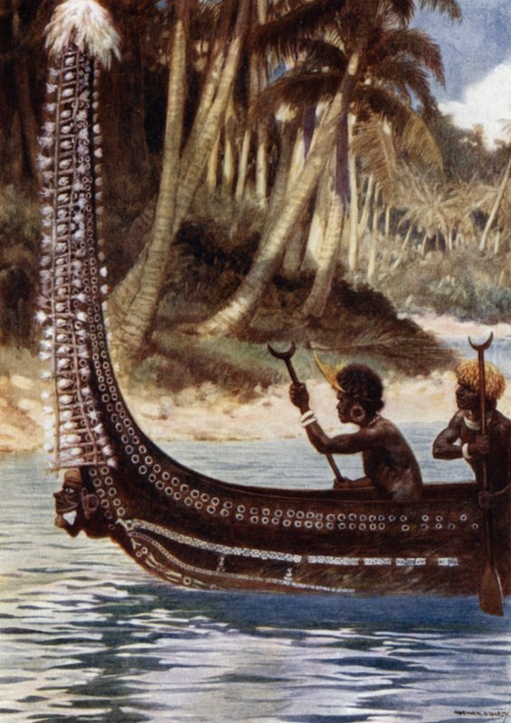 En kano, der viser "Totoishu," New Georgia, Salomonøerne (farve litho) af Norman Hardy