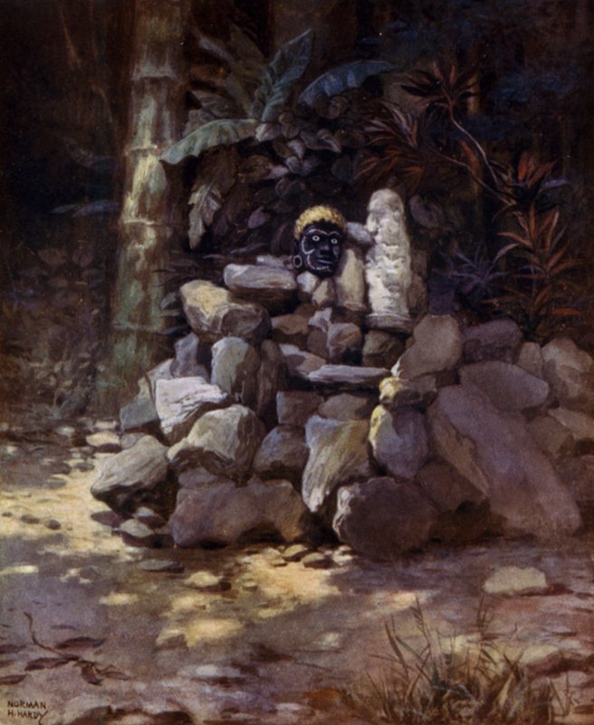 En høvdings helligdom eller grav i Simbo, Salomonøerne (farve litho) af Norman Hardy