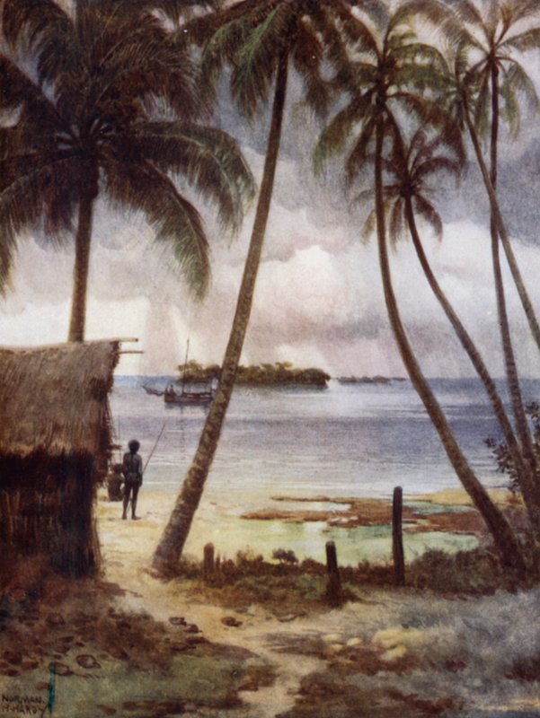 En stormfuld dag i Rubiana Lagoon, Salomonøerne (farve litho) af Norman Hardy