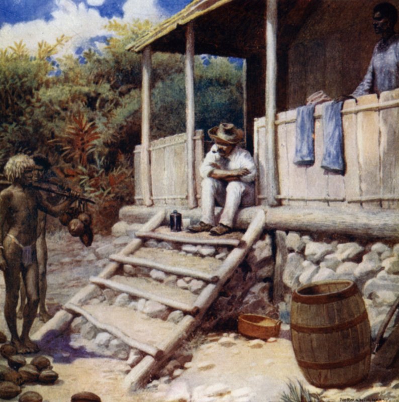 En erhvervsdrivende, der modtager kakaonødder, Aoba, New Hebrides (farve litho) af Norman Hardy