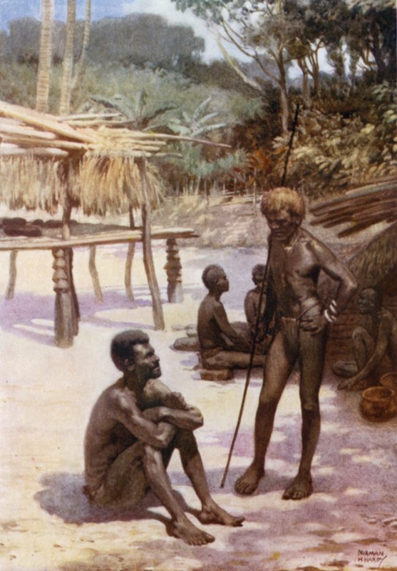Et Yam-skur på øen Tierra Espiritu Santo, New Hebrides (farve litho) af Norman Hardy