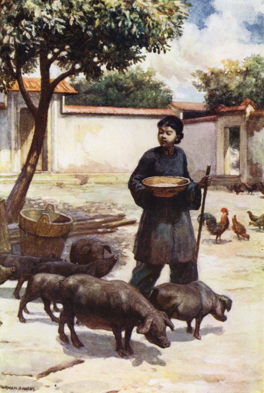 Kina: En gårdhave (farve litho) af Norman Hardy