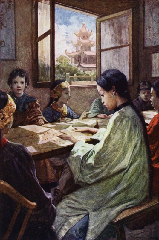 Kina: En skole (farve litho) af Norman Hardy