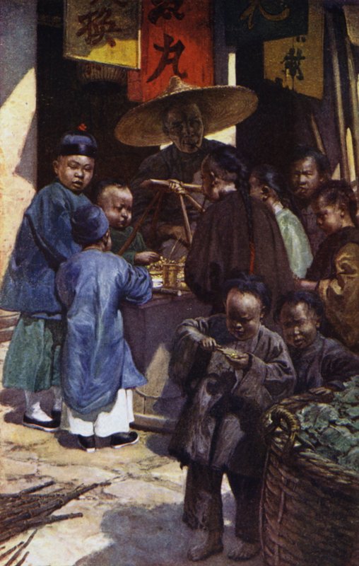 Kina: Drenge runder en sød bod (farve litho) af Norman Hardy