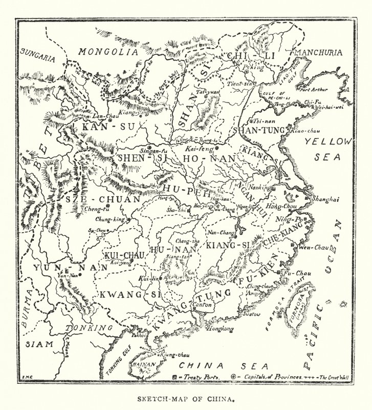 Kina: Skitsekort over Kina (farve litho) af Norman Hardy