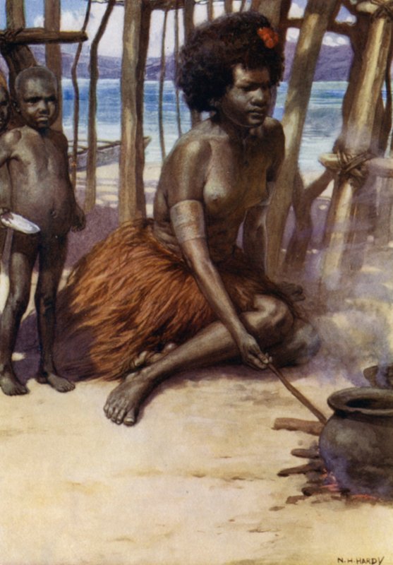 Cooking the Meal, Britisk Ny Guinea (farve litho) af Norman Hardy