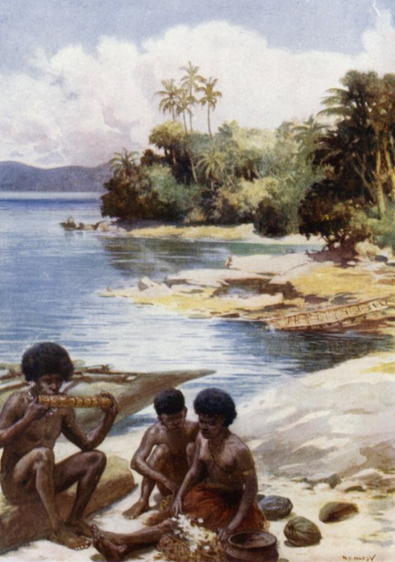 Middagstid i Kwato, Britisk Ny Guinea (farve litho) af Norman Hardy