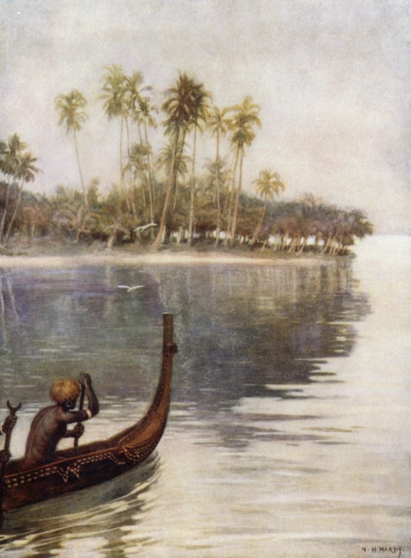 Tidlig morgen, Gavutu, Salomonøerne (farve litho) af Norman Hardy