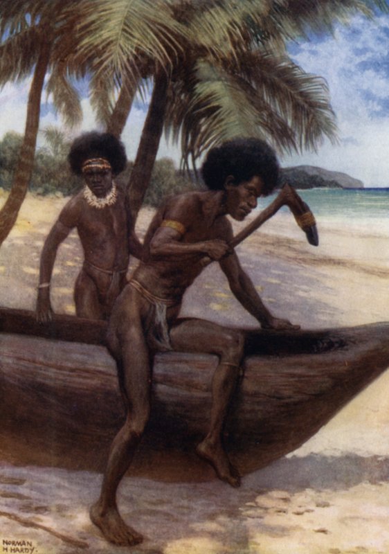 Afslutning af en kano, Britisk Ny Guinea (farve litho) af Norman Hardy
