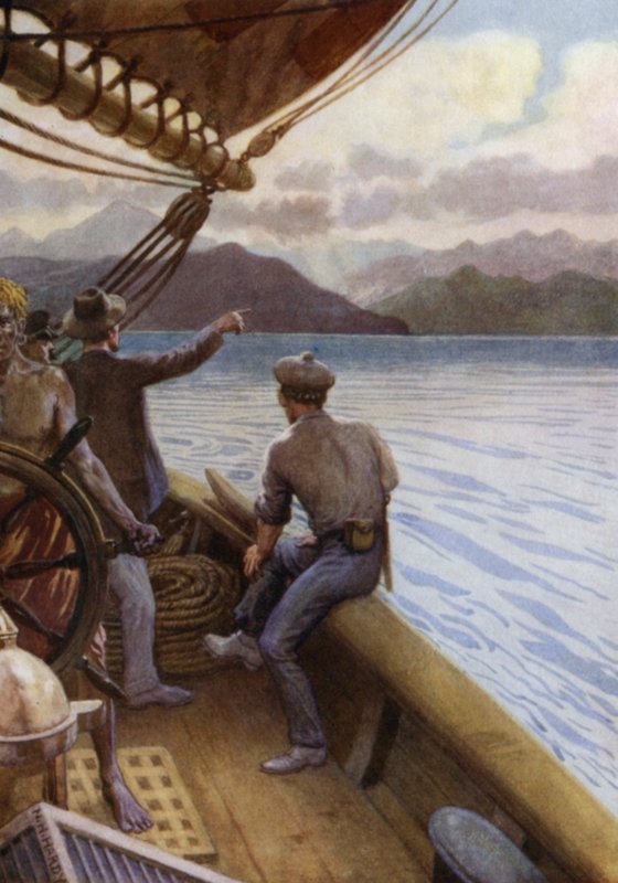Forlader Santo, udsigt over bjergene, New Hebrides (farve litho) af Norman Hardy