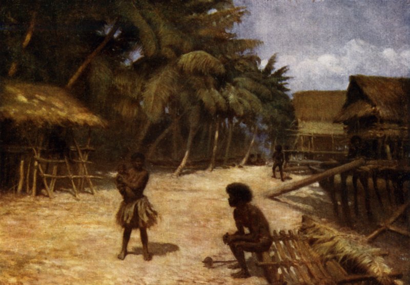 Motu Village, Port Moresby, Britisk Ny Guinea (farve litho) af Norman Hardy