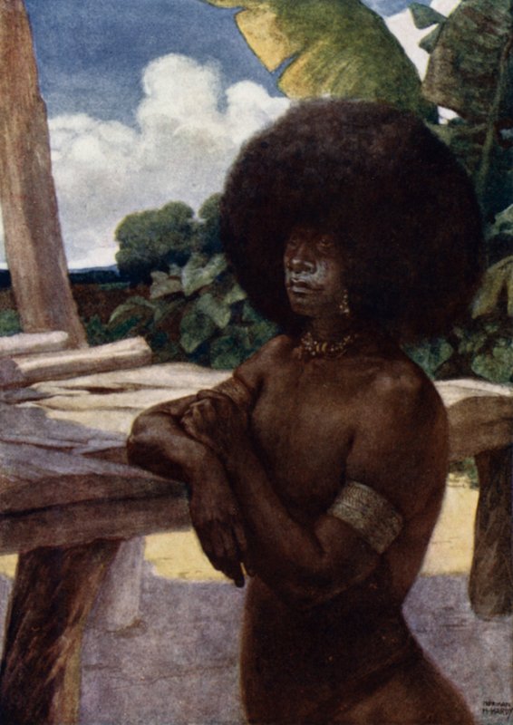 Indfødt i Britisk Ny Guinea, viser måden at bære håret på (farve litho) af Norman Hardy