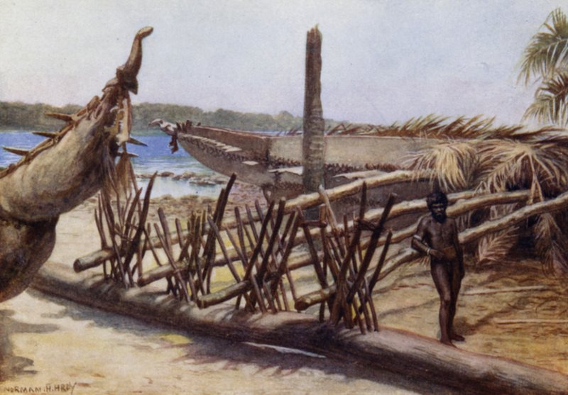Gamle krigskanoer, nær Malekula, New Hebrides (farve litho) af Norman Hardy