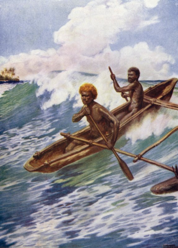 Passing the Reef, Aoba, New Hebrides (farve litho) af Norman Hardy