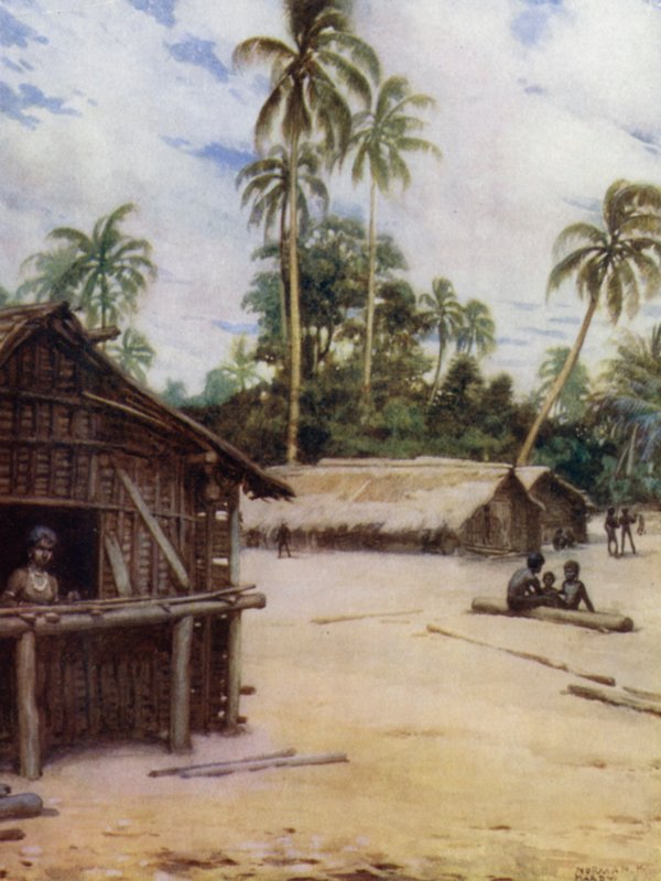 Solomon Island Village, nær Marau Sound, New Florida (farve litho) af Norman Hardy
