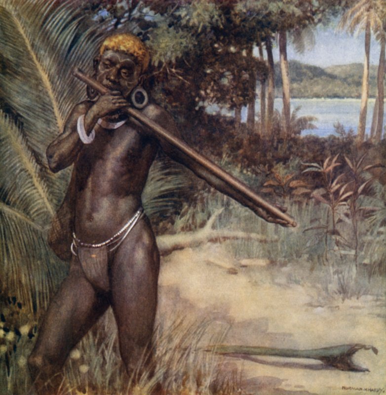 Solomon Islander spiller "Ivivu" eller fløjte (farve litho) af Norman Hardy