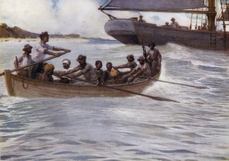 "Blackbirders" på Salomonøerne (farve litho) af Norman Hardy