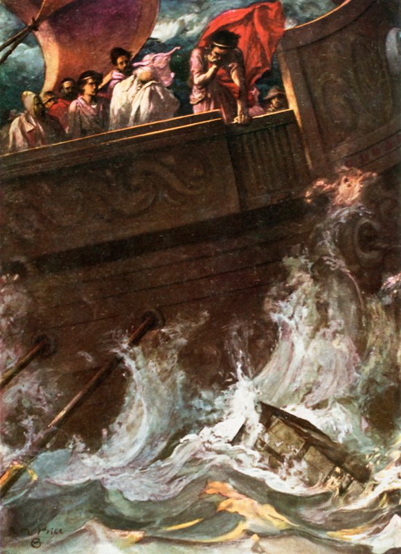 Dronningen kastede overbord. Pericles, Prince of Tyre – akt III, Scene 1, ca. 1925 (farve litho) af Norman Mills Price