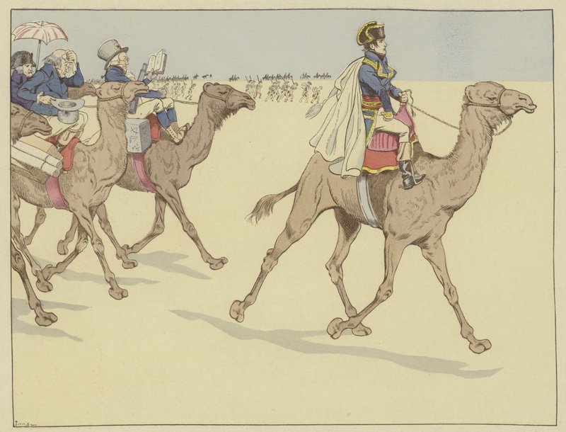 Ankommet til faraoernes land gik Napoleon overalt efterfulgt af en kommission af lærde og kunstnere, som aldrig havde redet på ryggen af en kamel, 1. juli 1798 af Onfray de Breville Job