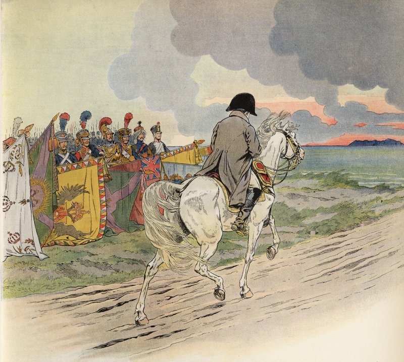Imaginært billede af Napoleon på hesteryg, der modtager respekt fra Europas soldater af Onfray de Breville Job