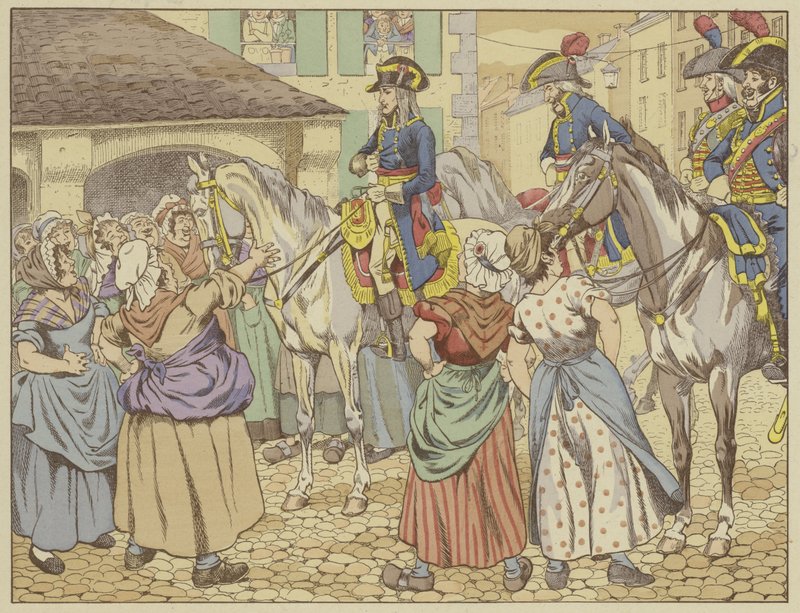 I Paris i 1795 under en hungersnød bebrejdede en fiskekone Napoleon, at han blev fed på bekostning af folket. Smilende svarede han: "Se på mig og sig, hvem af os to er den tykkeste?" (farvelagt) af Onfray de Breville Job