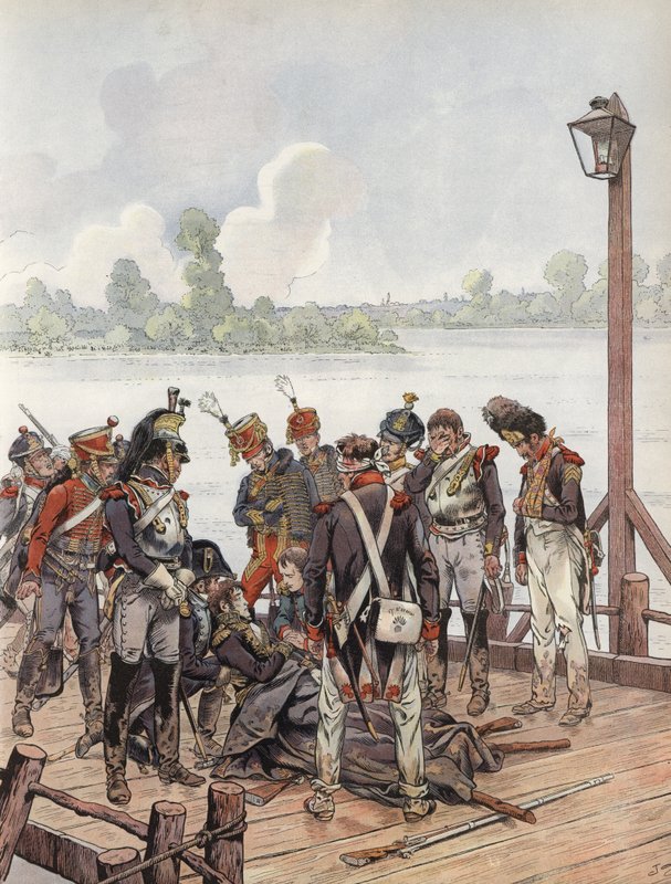 Jean Lannes, efter at være blevet dødeligt såret i slaget ved Aspern-Essling, med Napoleon, 1809 af Onfray de Breville Job