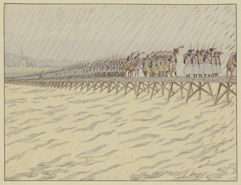 Napoleon og hans hær krydser Rhinen ved Kehl, 1. oktober 1805 af Onfray de Breville Job