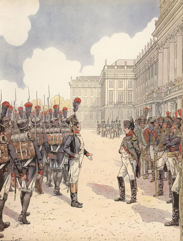 Napoleon bliver kontaktet af en nervøs løjtnant under en parade i Schoenbrunn af Onfray de Breville Job
