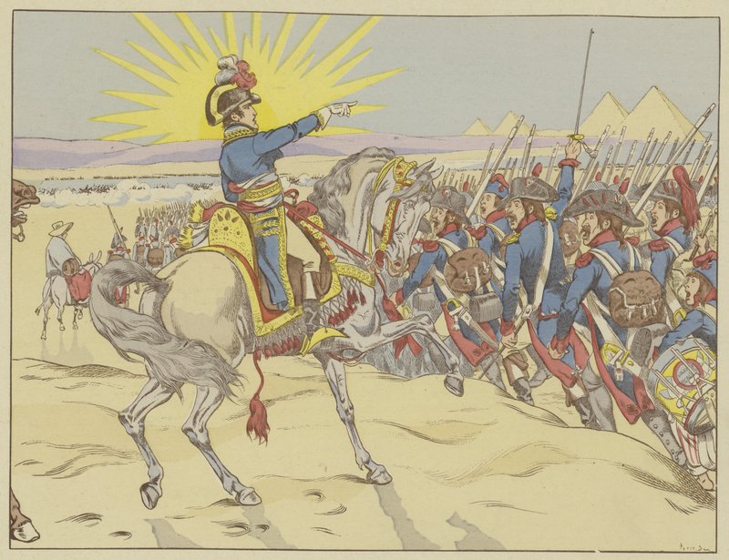 Napoleon inspirerede sine tropper i slaget ved pyramiderne, Egypten, 21. juli 1798 af Onfray de Breville Job
