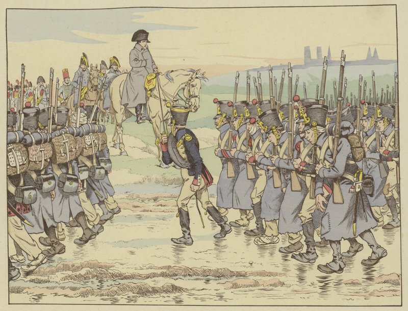 Napoleon ser på som hærens sidste kontingent i det franske felttog, marcherer forbi nær Reims, 16. marts 1814 af Onfray de Breville Job