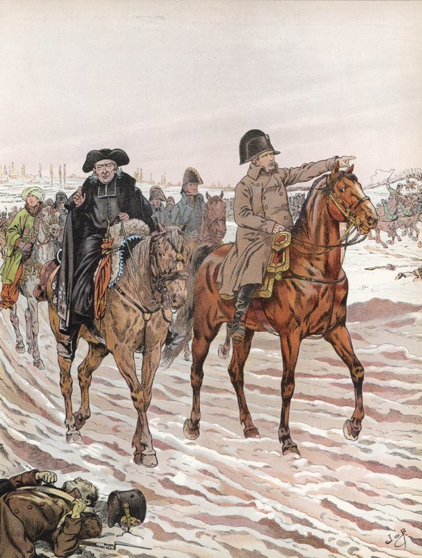 Napoleon, ridende sammen med Abbe Henriot, 1814 af Onfray de Breville Job