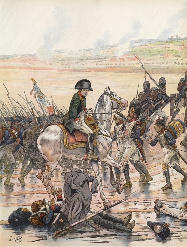 Napoleon viser hensyn til en af sine faldne soldater under Rhinkampagnen af Onfray de Breville Job
