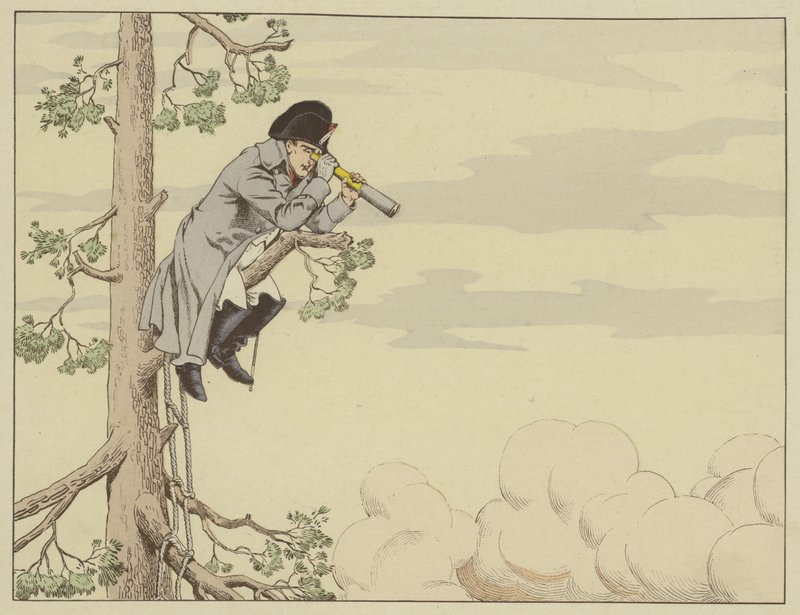 Napoleon ser slaget ved Aspern-Essling fra toppen af et træ på øen Lobau, 22. maj 1809 af Onfray de Breville Job